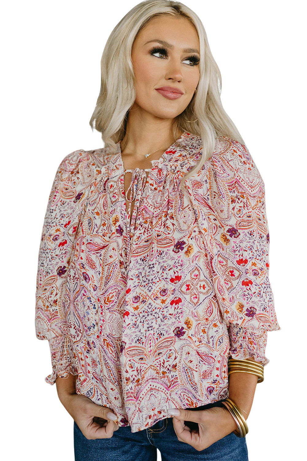 Red Boho Paisley Print Shirred Cuffs Blouse - Vesteeto