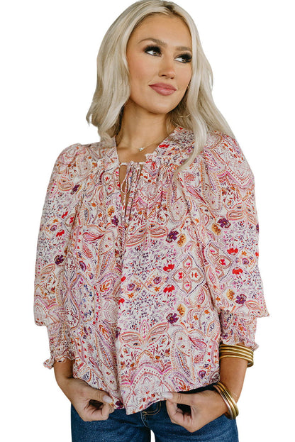 Red Boho Paisley Print Shirred Cuffs Blouse - Vesteeto