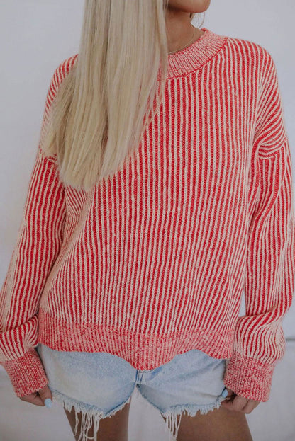 Red Casual Stripe Print Round Neck Sweater - Vesteeto