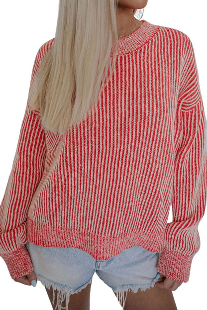 Red Casual Stripe Print Round Neck Sweater - Vesteeto