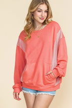 Red Colorblock Exposed Seam Patchwork Sweatshirt - Vesteeto