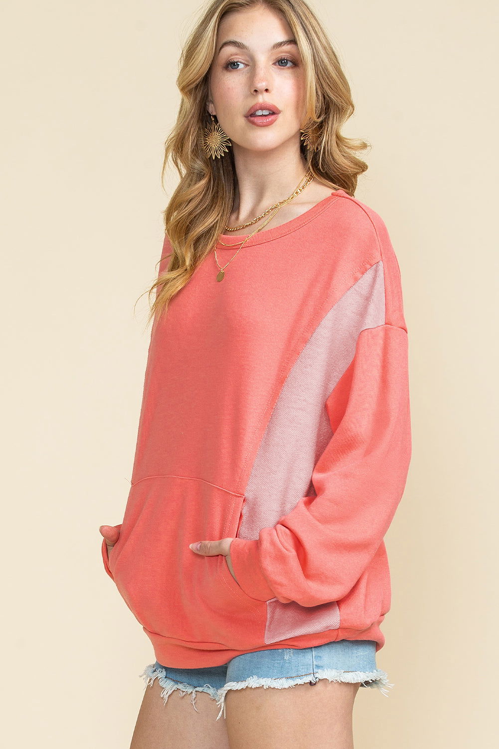 Red Colorblock Exposed Seam Patchwork Sweatshirt - Vesteeto