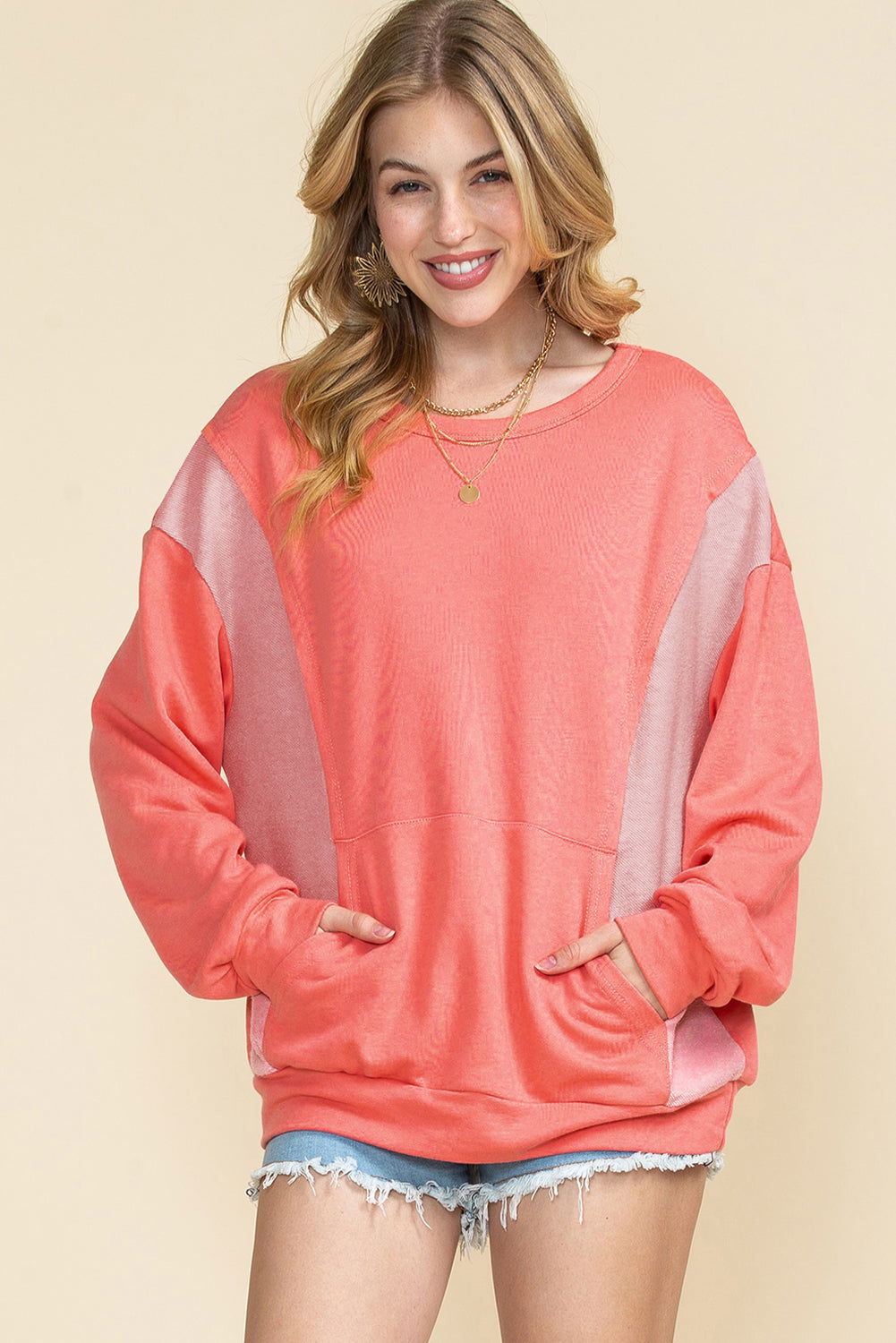 Red Colorblock Exposed Seam Patchwork Sweatshirt - Vesteeto