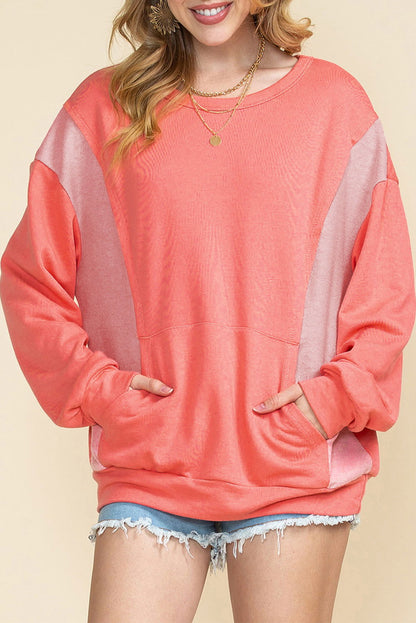 Red Colorblock Exposed Seam Patchwork Sweatshirt - Vesteeto