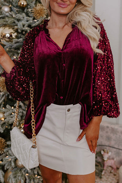 Red Dahlia Velvet Sequin Patchwork Sleeve Button Up Blouse - Vesteeto