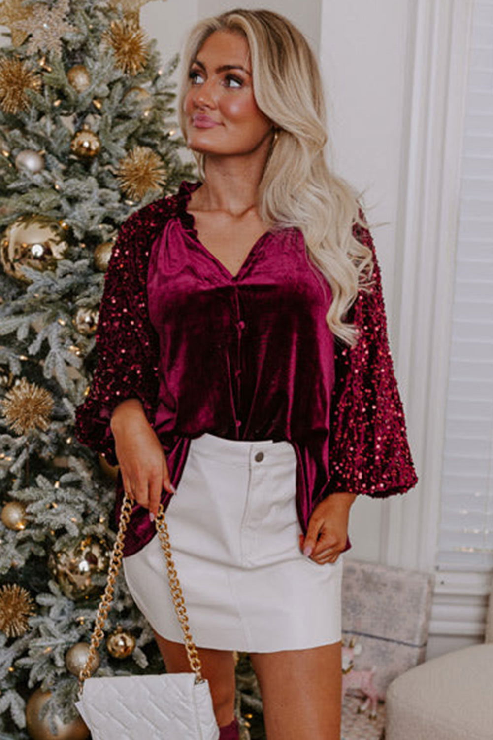 Red Dahlia Velvet Sequin Patchwork Sleeve Button Up Blouse - Vesteeto