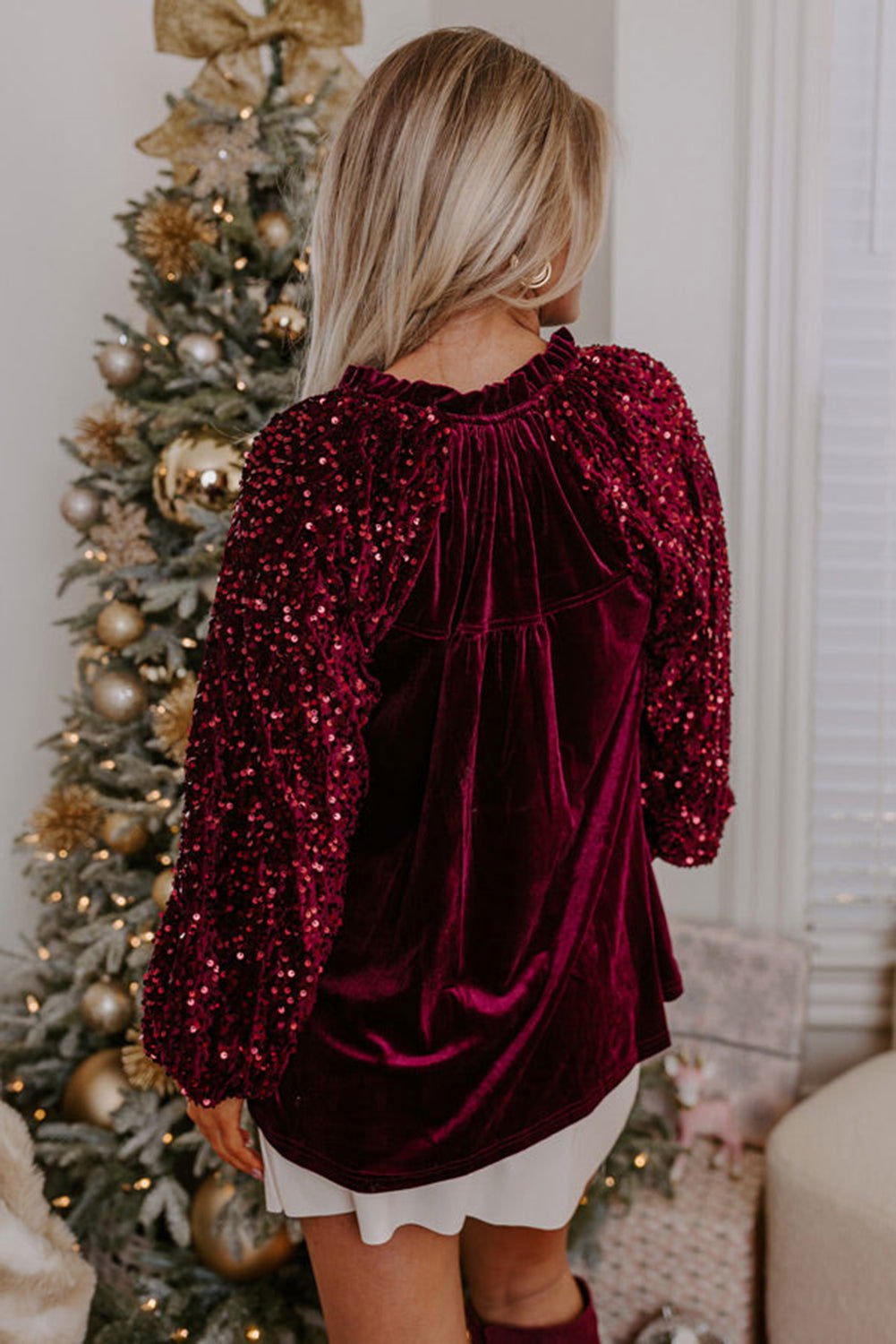 Red Dahlia Velvet Sequin Patchwork Sleeve Button Up Blouse - Vesteeto