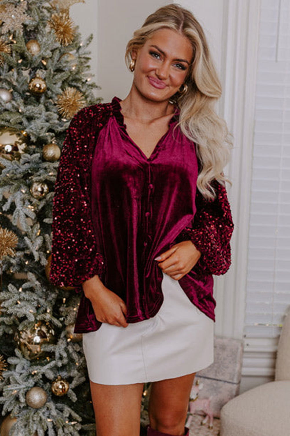 Red Dahlia Velvet Sequin Patchwork Sleeve Button Up Blouse - Vesteeto