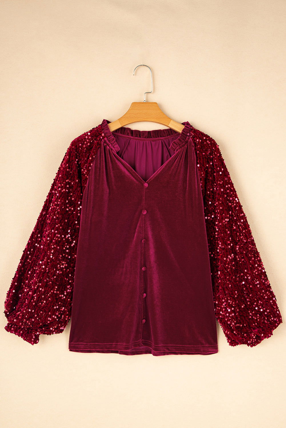 Red Dahlia Velvet Sequin Patchwork Sleeve Button Up Blouse - Vesteeto