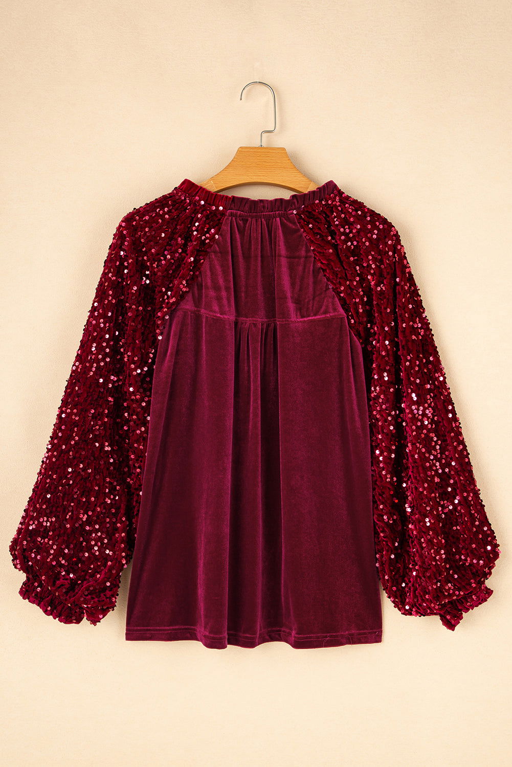 Red Dahlia Velvet Sequin Patchwork Sleeve Button Up Blouse - Vesteeto