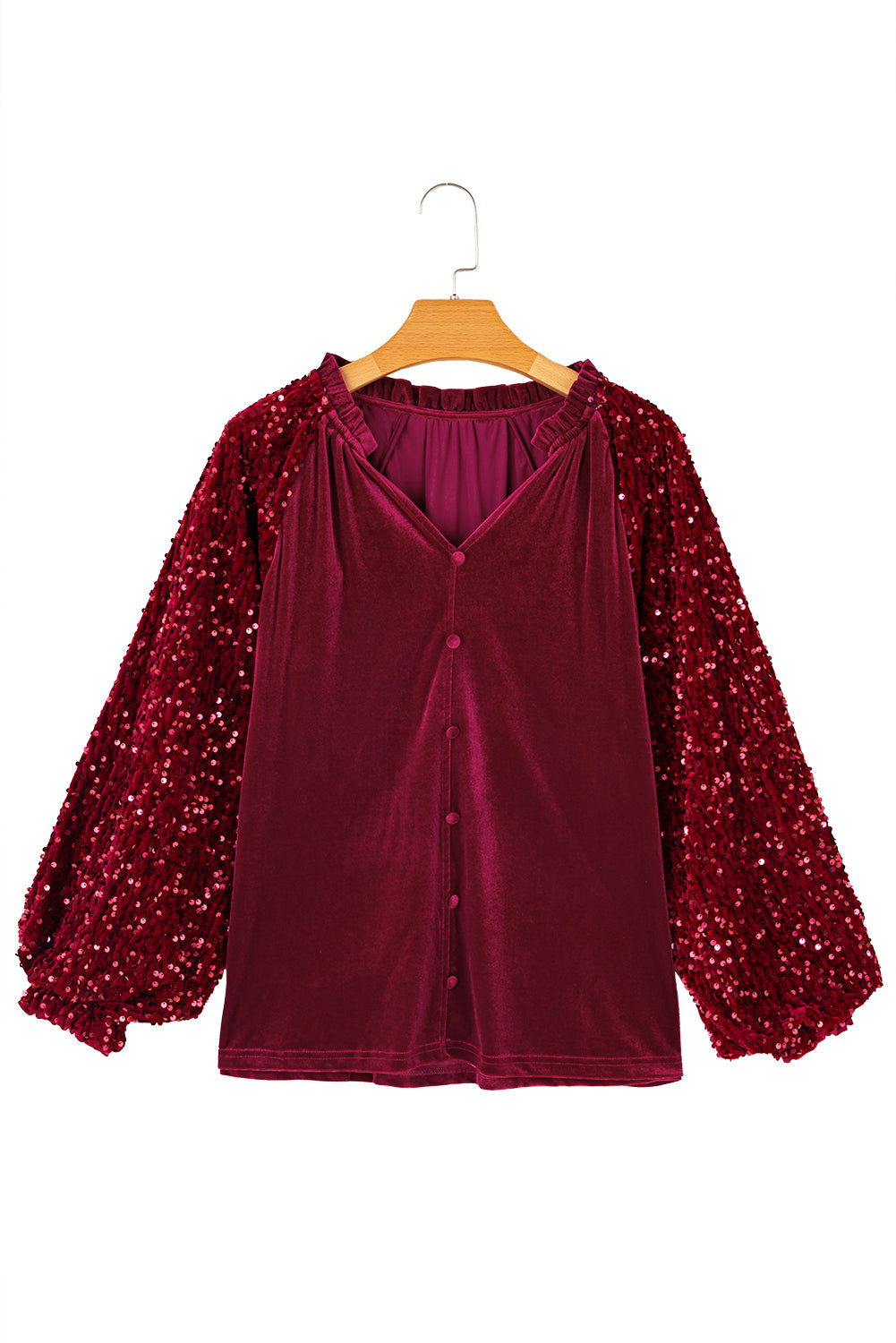 Red Dahlia Velvet Sequin Patchwork Sleeve Button Up Blouse - Vesteeto