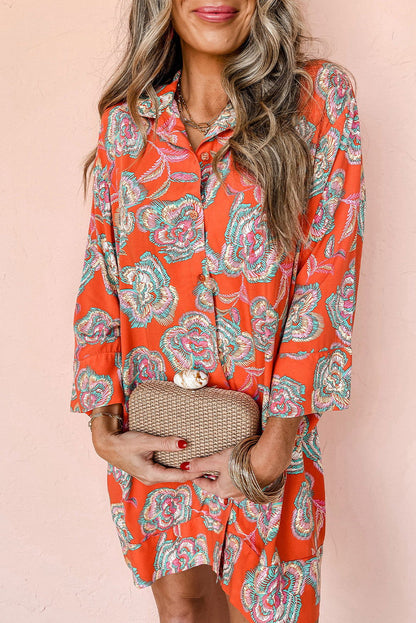 Red Floral Print Lapel Collar Loose Shirt Mini Dress - Vesteeto