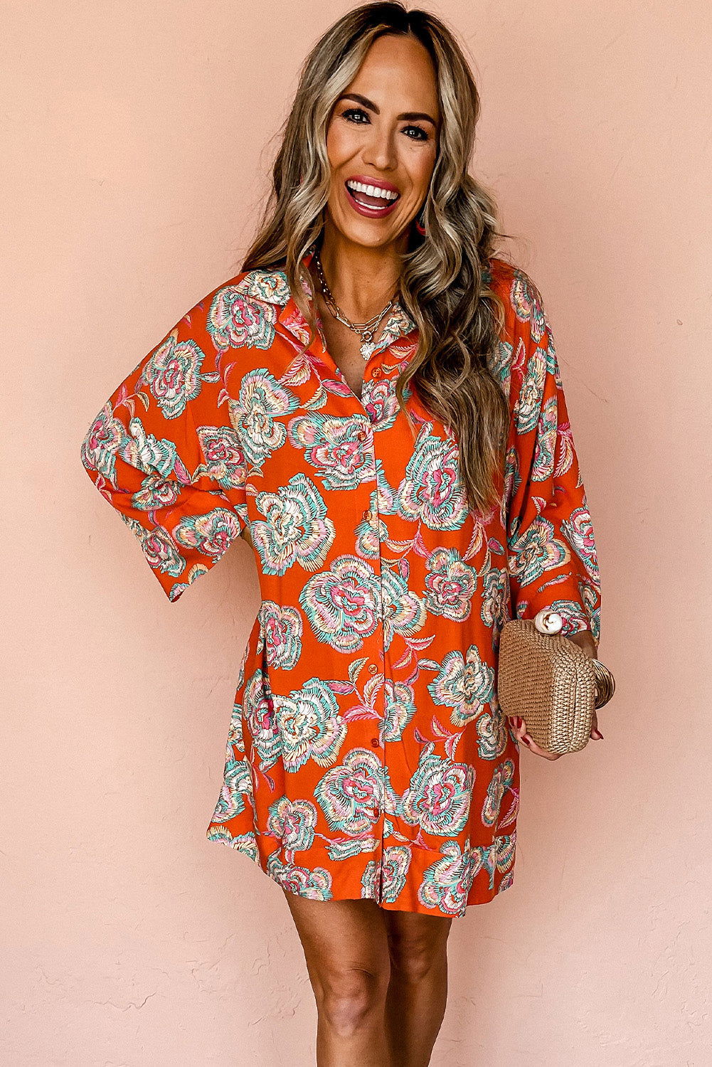 Red Floral Print Lapel Collar Loose Shirt Mini Dress - Vesteeto