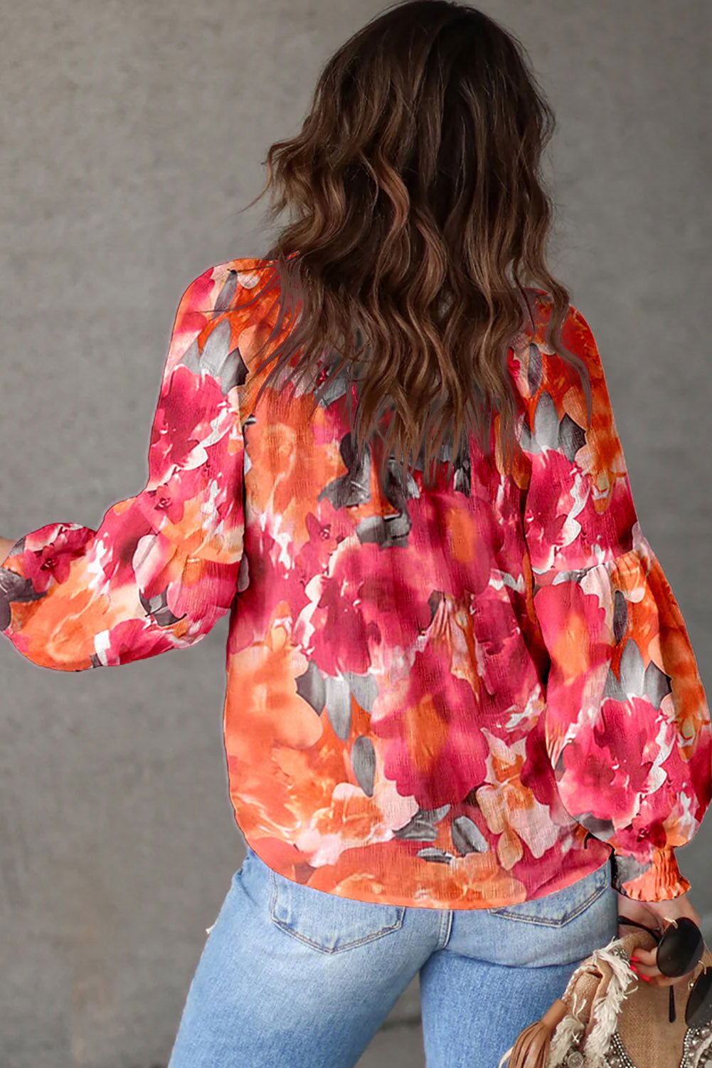 Red Floral Print Tassel Tie Long Sleeve Blouse - Vesteeto