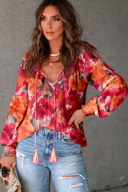 Red Floral Print Tassel Tie Long Sleeve Blouse - Vesteeto