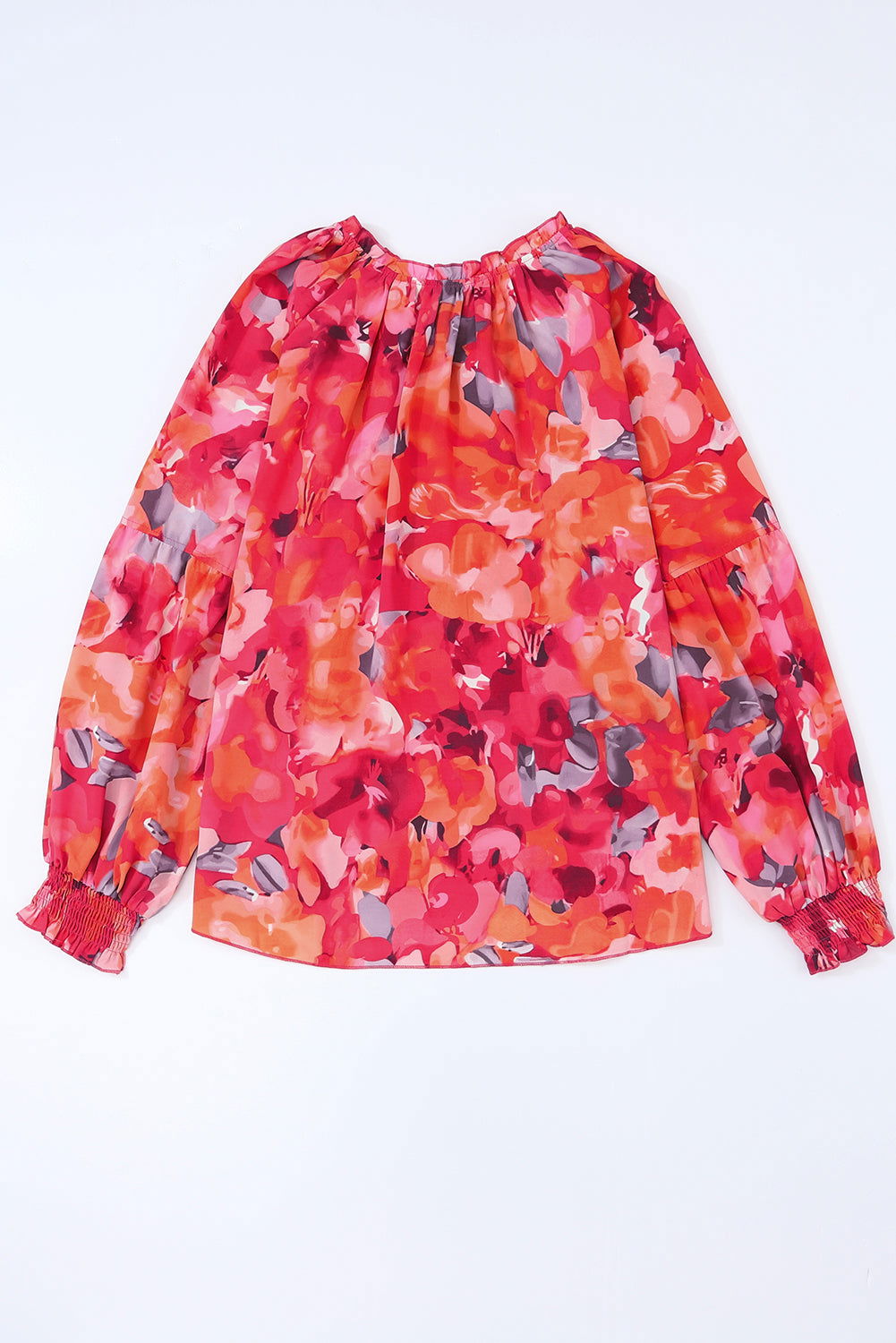 Red Floral Print Tassel Tie Long Sleeve Blouse - Vesteeto