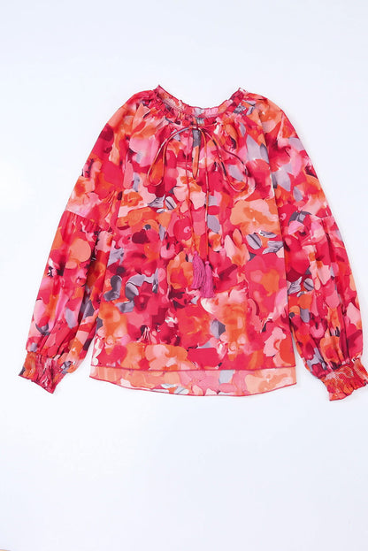 Red Floral Print Tassel Tie Long Sleeve Blouse - Vesteeto