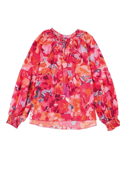 Red Floral Print Tassel Tie Long Sleeve Blouse - Vesteeto