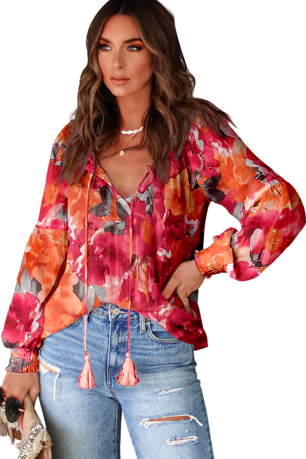 Red Floral Print Tassel Tie Long Sleeve Blouse - Vesteeto