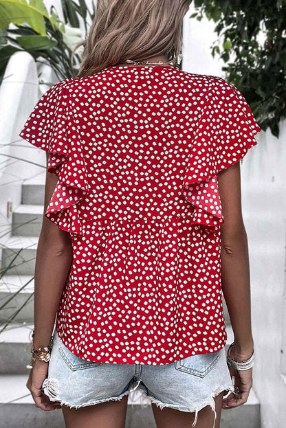 Red Floral Print V Neck Ruffle Sleeve Blouse - Vesteeto