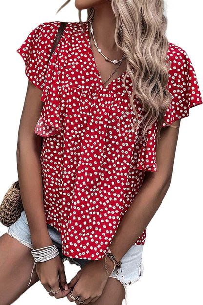 Red Floral Print V Neck Ruffle Sleeve Blouse - Vesteeto