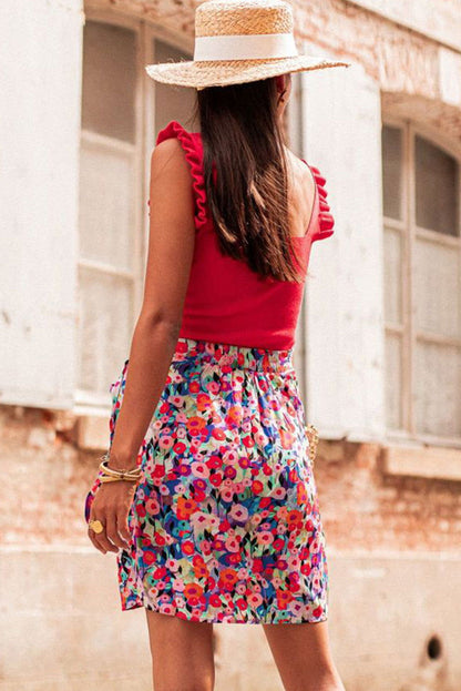 Red Floral Print Wrapped Lace Up Mini Skirt - Vesteeto