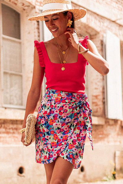 Red Floral Print Wrapped Lace Up Mini Skirt - Vesteeto