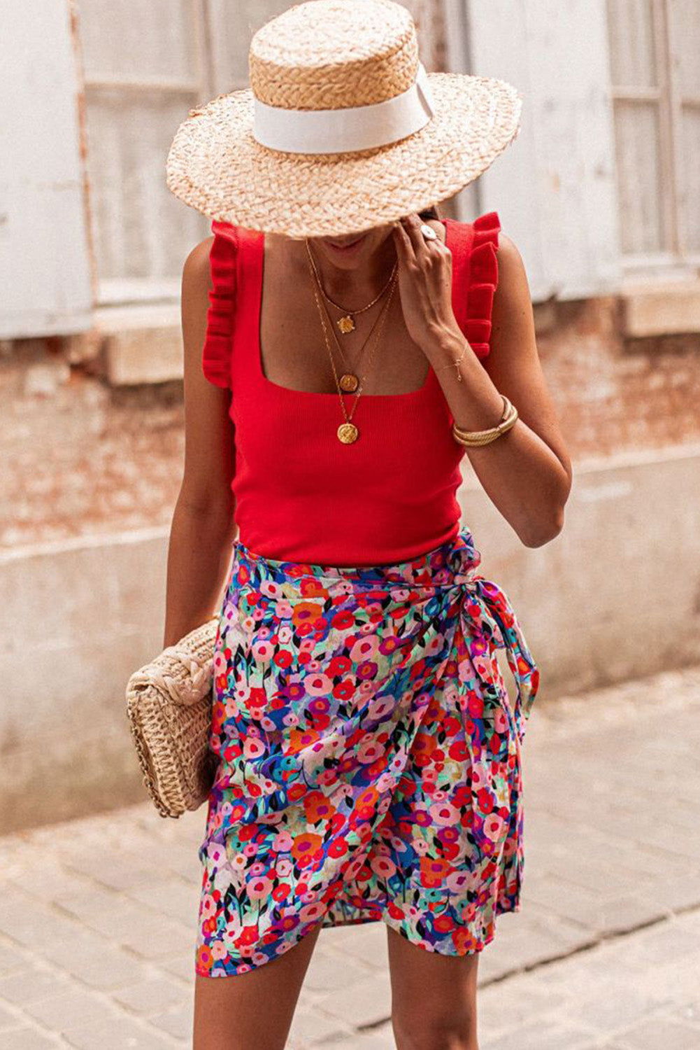 Red Floral Print Wrapped Lace Up Mini Skirt - Vesteeto