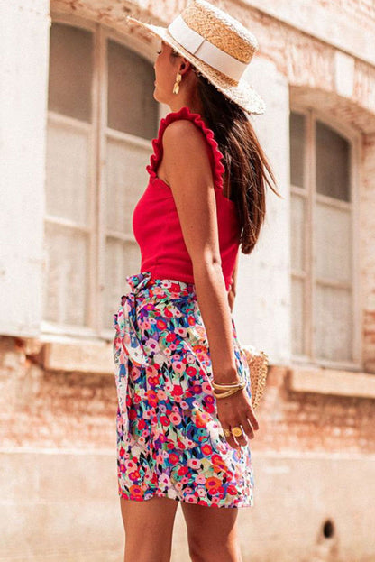 Red Floral Print Wrapped Lace Up Mini Skirt - Vesteeto