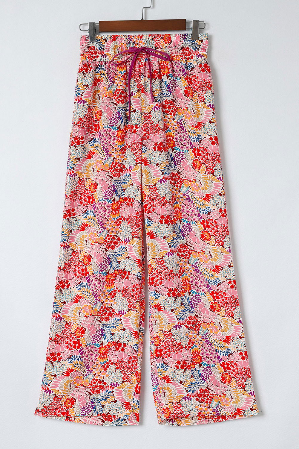 Red Gorgeous Floral Print Drawstring Smocked High Waist Pants - Vesteeto