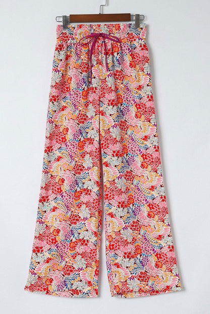 Red Gorgeous Floral Print Drawstring Smocked High Waist Pants - Vesteeto