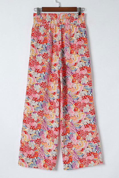 Red Gorgeous Floral Print Drawstring Smocked High Waist Pants - Vesteeto