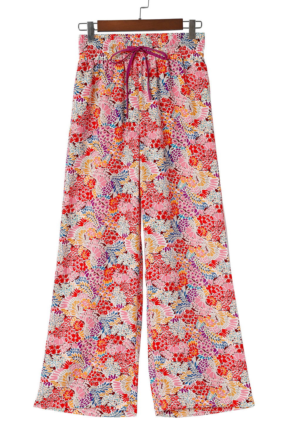 Red Gorgeous Floral Print Drawstring Smocked High Waist Pants - Vesteeto