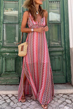 Red Halter Boho Print Side Slits Maxi Dress - Vesteeto