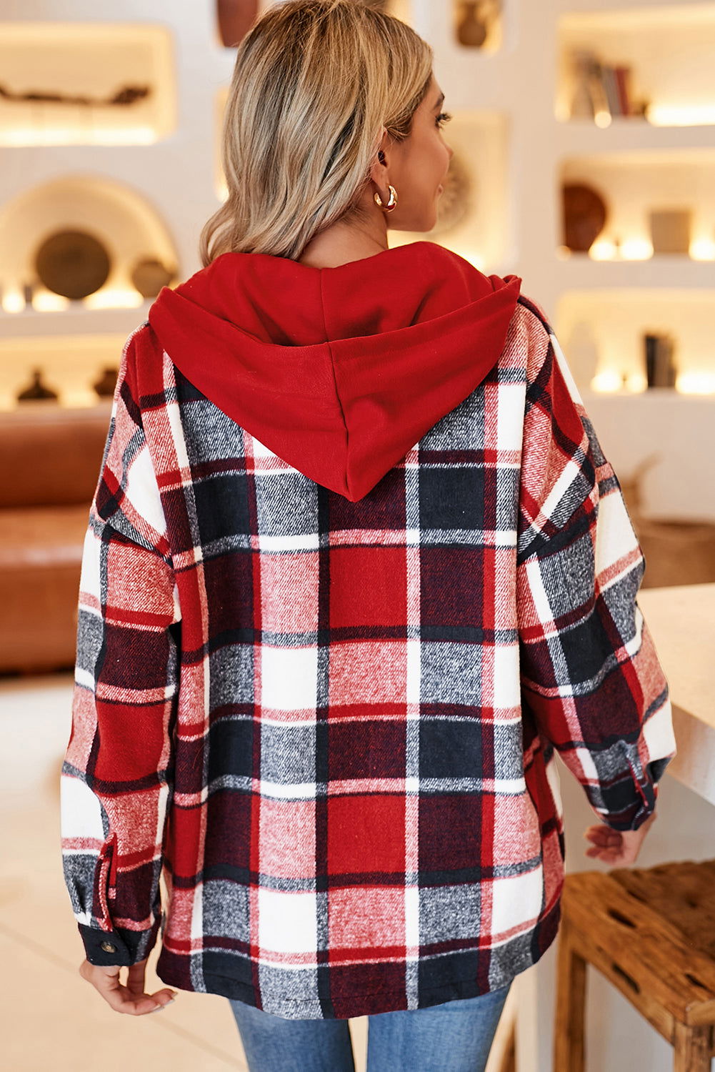 Red Plaid Button Front Hooded Shacket - Vesteeto