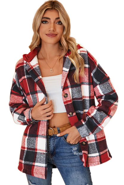 Red Plaid Button Front Hooded Shacket - Vesteeto