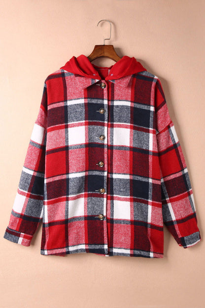 Red Plaid Button Front Hooded Shacket - Vesteeto