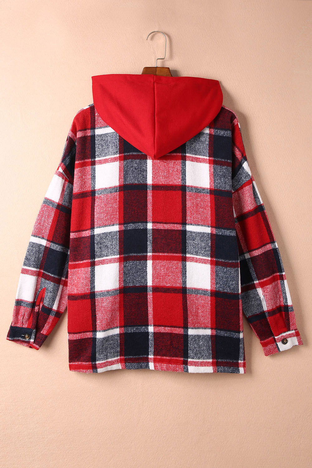 Red Plaid Button Front Hooded Shacket - Vesteeto