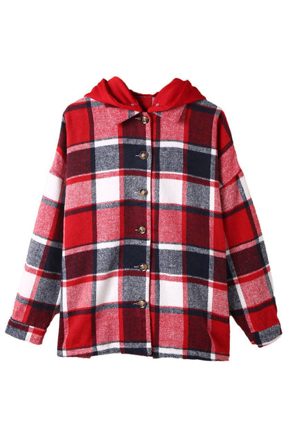 Red Plaid Button Front Hooded Shacket - Vesteeto