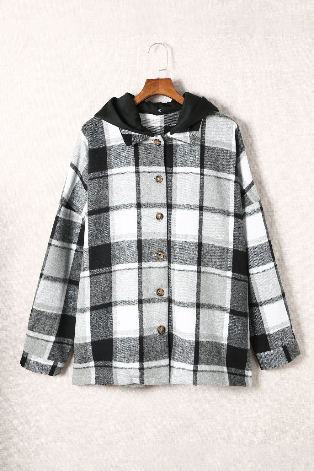 Red Plaid Button Front Hooded Shacket - Vesteeto