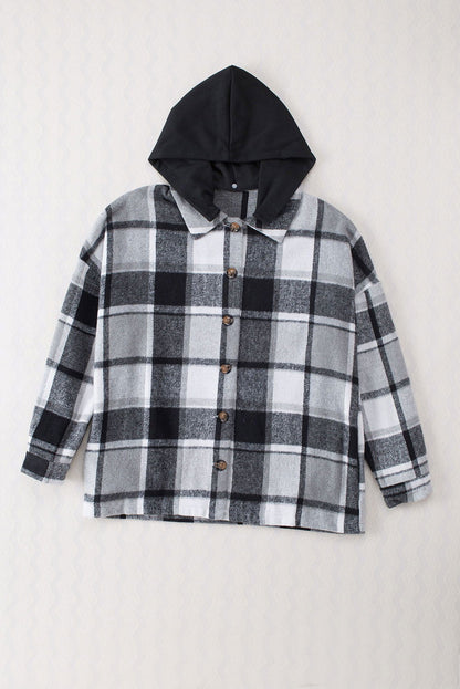 Red Plaid Button Front Hooded Shacket - Vesteeto