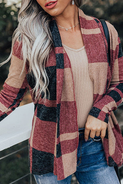 Red Plaid Casual Draped Open Front Cardigan - Vesteeto