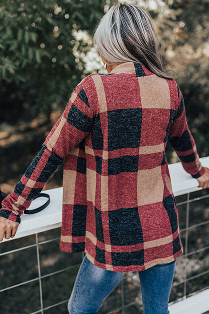 Red Plaid Casual Draped Open Front Cardigan - Vesteeto