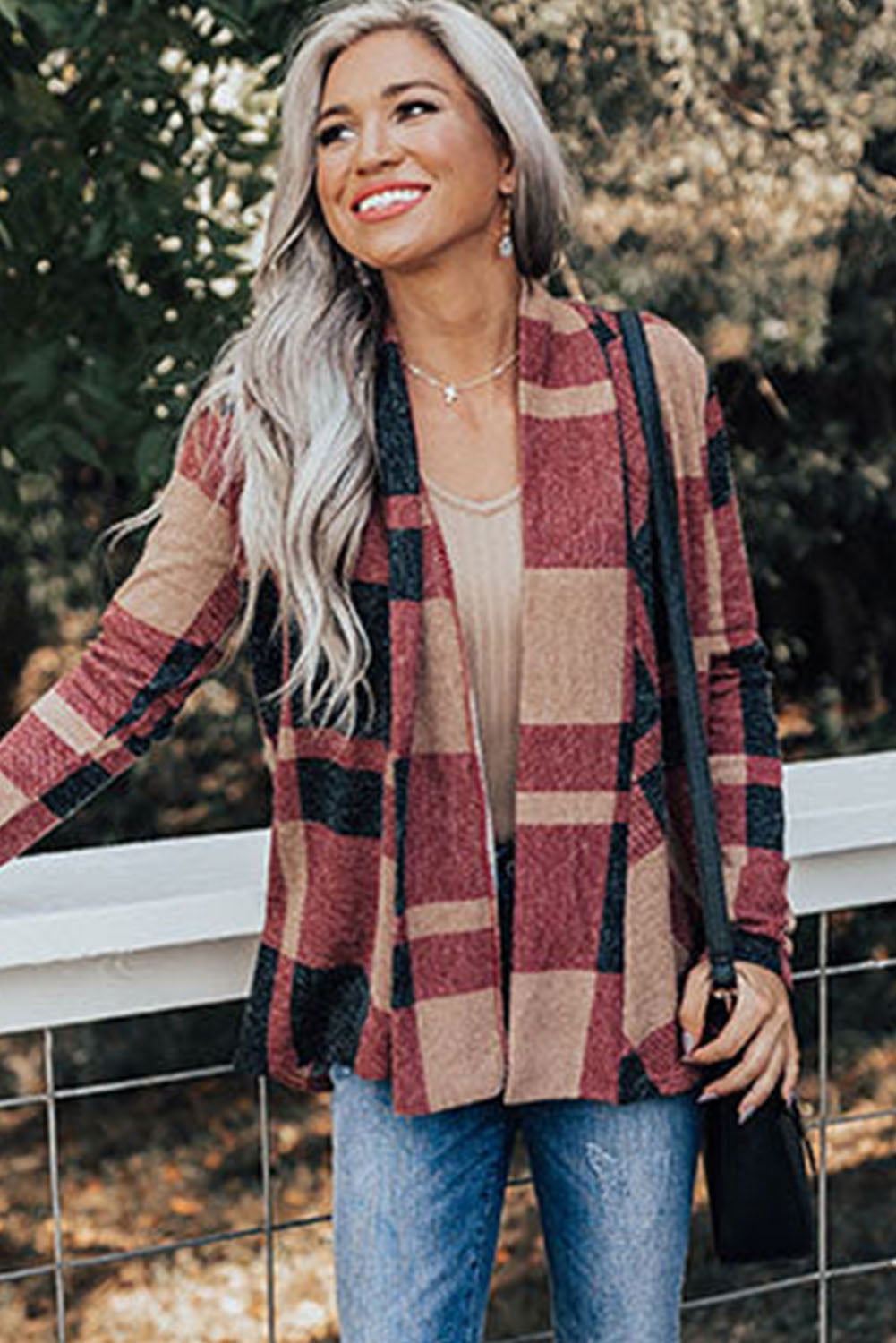 Red Plaid Casual Draped Open Front Cardigan - Vesteeto