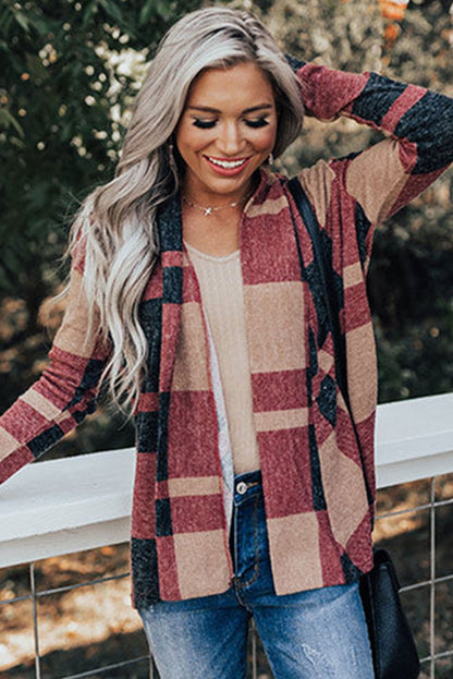 Red Plaid Casual Draped Open Front Cardigan - Vesteeto