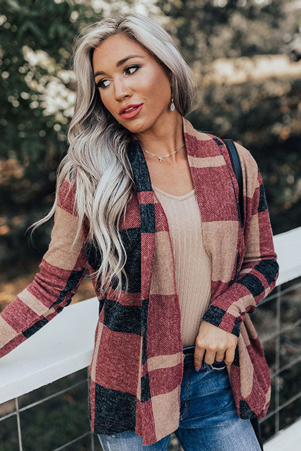 Red Plaid Casual Draped Open Front Cardigan - Vesteeto