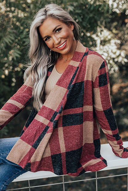 Red Plaid Casual Draped Open Front Cardigan - Vesteeto