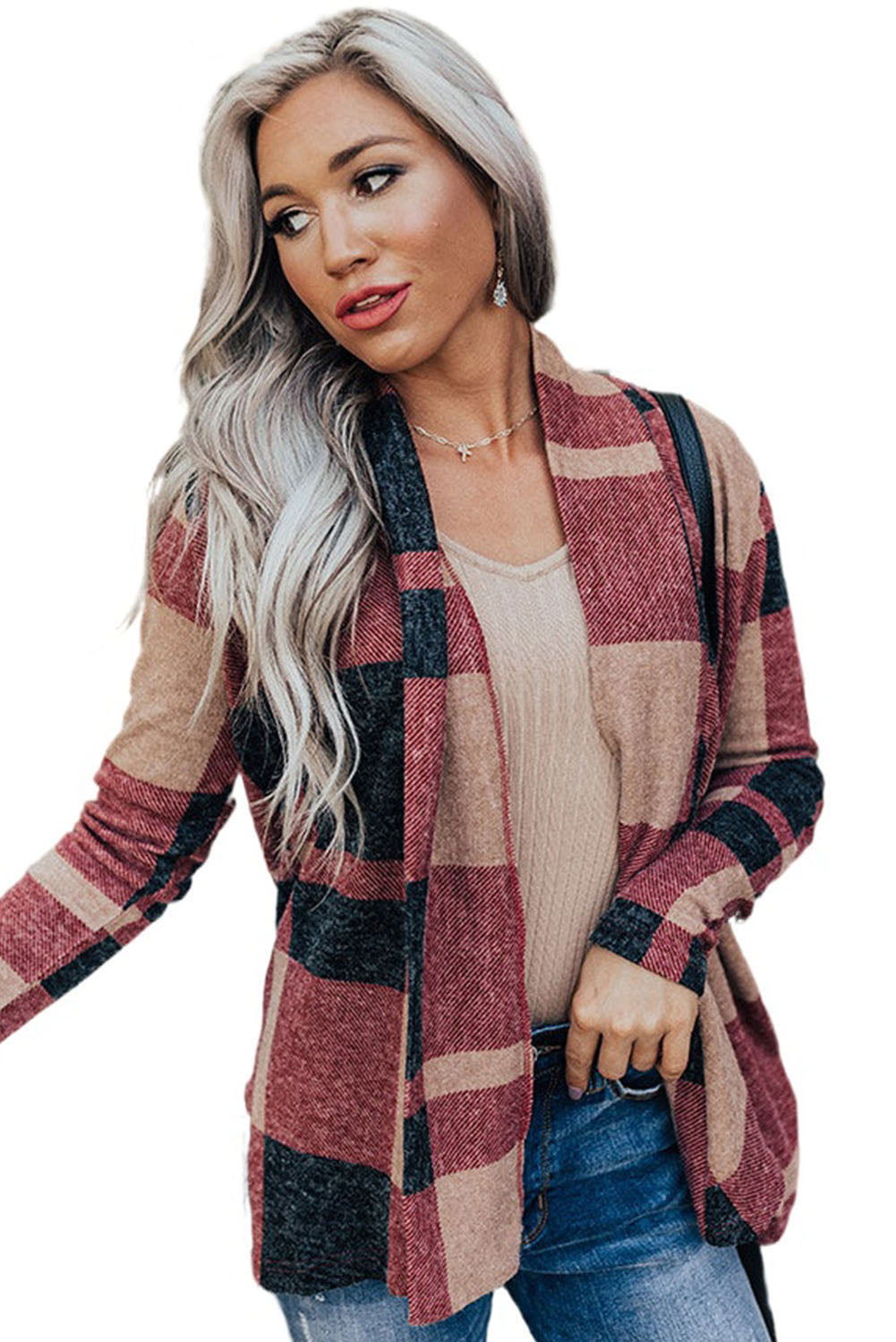 Red Plaid Casual Draped Open Front Cardigan - Vesteeto