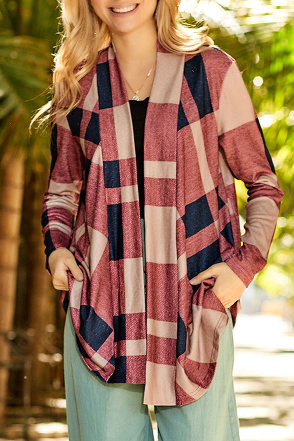 Red Plaid Casual Draped Open Front Cardigan - Vesteeto