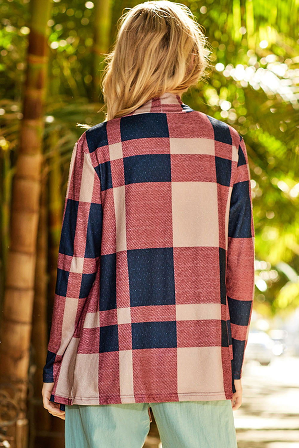 Red Plaid Casual Draped Open Front Cardigan - Vesteeto